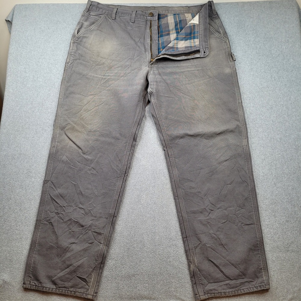 Carhartt Flannel Lined Canvas Carpenter Pants Mens 44x34 Gray Workwear